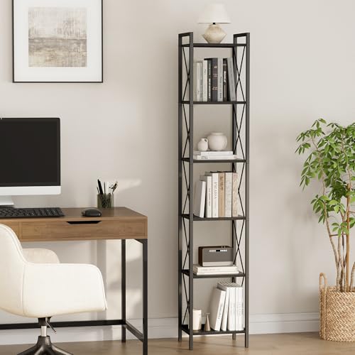 Homhedy 6 Tier Small Bookshelf, Tall Narrow Bookcase, Metal Book Shelf | Industrial Style for Small Spaces, Home, Office, Living Room, Kitchen, Bedroom , 10.4" D x 13" W x 67.4" H, Black - color: Black, size: 10.4"D x 13"W x 67.4"H