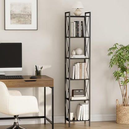 Homhedy 6 Tier Small Bookshelf, Tall Narrow Bookcase, Metal Book Shelf | Industrial Style for Small Spaces, Home, Office, Living Room, Kitchen, Bedroom , 10.4" D x 13" W x 67.4" H, Black - color: Black, size: 10.4"D x 13"W x 67.4"H