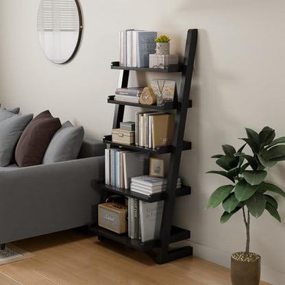 AQIMUELE Black Wooden Ladder Shelf with Edges, 5-Tier Modern Leaning Bookshelf Ladder – Stylish Space-Saving Bookcase for Living Room, Bedroom & Home Office - color: Black, size: 5-Tier