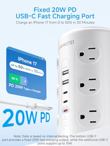 10FT Tower Power Strip with Dedicated 20W PD USB-C Port - color: White, size: 10FT