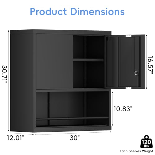 Metal Garage Storage Cabinets, Lockable Black Cabinet, Tool Cabinets Storage Wall Mounted, Hanging Cabinet with Guard Bar for Home Office, Basement - color: 30.7"h - Black