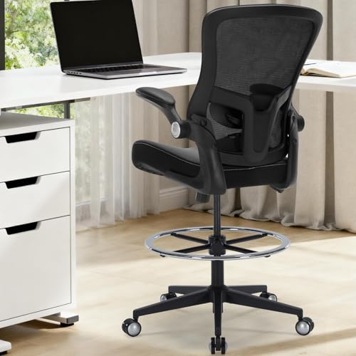 Drafting Chair 400lbs Heavy Duty Tall Office Chair Big and Tall Ergonomic Standing Desk Chair with Lumbar Support and Adjustable Footrest Ring, Comfy Mesh Wide Chair with Flip-up Armrests, Black