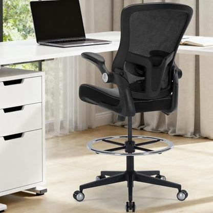 Drafting Chair 400lbs Heavy Duty Tall Office Chair Big and Tall Ergonomic Standing Desk Chair with Lumbar Support and Adjustable Footrest Ring, Comfy Mesh Wide Chair with Flip-up Armrests, Black