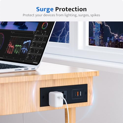 Recessed Power Strip with 20W USB C Port, Fast Charging USB A Port Conference Recessed Outlet, Space-Saver for Furniture Side Table, End Table, Desk Outlet with 6ft Cord, 45° Thin Flat Plug, Black