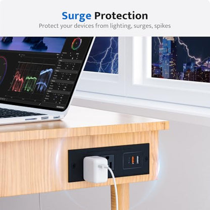 Recessed Power Strip with 20W USB C Port, Fast Charging USB A Port Conference Recessed Outlet, Space-Saver for Furniture Side Table, End Table, Desk Outlet with 6ft Cord, 45° Thin Flat Plug, Black