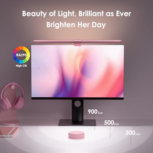 Quntis Pink Monitor Light Bar with Backlight, Desk Light Bar with Remote | Eye-Care No Glare, Space Saving, Stepless Dimming, Desk Lamp for Home Office Gaming Reading Study Drawing, as Gifts for Girls - color: Pink