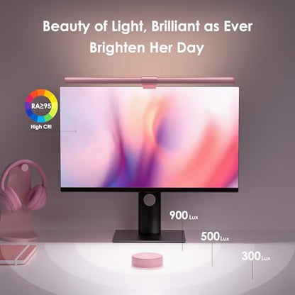 Quntis Pink Monitor Light Bar with Backlight, Desk Light Bar with Remote | Eye-Care No Glare, Space Saving, Stepless Dimming, Desk Lamp for Home Office Gaming Reading Study Drawing, as Gifts for Girls - color: Pink
