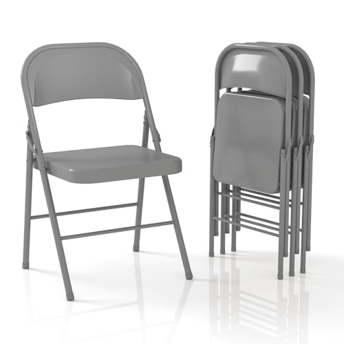 Metal Folding Chairs Steel Frame with Double Hinged for Office Kitchen Dinning Wedding Patio and Garden,No Assembly, Set of 4, Grey - color: Non-cushion-gy
