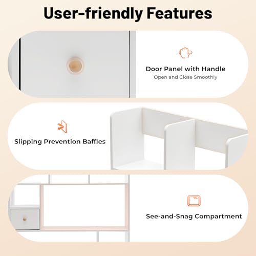 Desktop Bookshelf, 31.5" Tall Countertop Storage Hutch with 7 Compartment and 2 Drawer, Desk 3-Tier Display Rack, Multipurpose Wood Desktop Hutch Storage Organizer for Dorm Office Home (White)