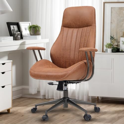 High Back Home Office Chair, Mid Century Vintage Executive Chair,Comfy Ergonomic Rolling Office Task Chair with Lumbar Support,Brown Faux Leather Office Chair,Brown - color: Brown,suede Fabric, size: Standard High Back