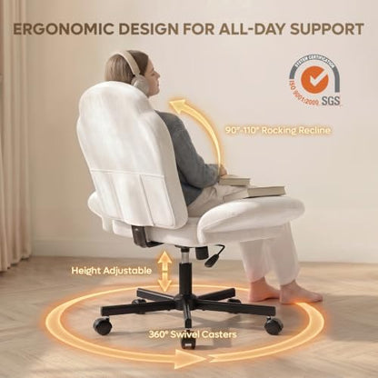 Bestier Criss Cross Office Chair with FILP-Up Armrests, White Velvet | Rocking Recline,Swivel Makeup Vanity Chair with 5-Level Folding Armrest, Cross Legged Desk, Adjustable Height Swivel Chair - color: White Velvet