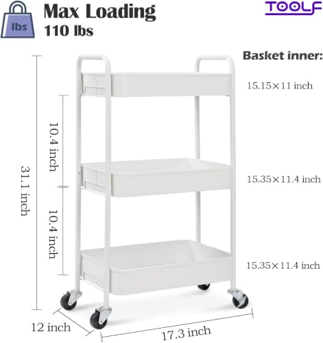 TOOLF 3 Tier Metal Rolling Cart, Utility Storage Cart with Wheels, White | Screwless Assembly, Lockable Metal Wheels, Trolley Organizer for Bathroom, Kitchen, Office, Dorm, Laundry, Craft Room - color: White, size: 3-Tier
