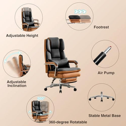 Furniliving Big and Tall Office Chair with Footrest, PU Leather High Back Executive Office Chair with Adjustable Lumbar Support, Wide Seat Reclining Desk Chair with Armrest, Height Adjustment, Black
