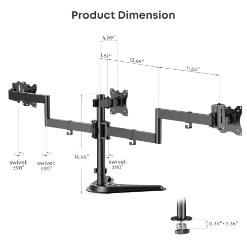 Triple Monitor Stand fits 3 Screens up to 27 Inches, Freestanding | Cable Management, Heavy Duty, Fully Adjustable, Weighted Base, 22 lbs Capacity per Arm, Black