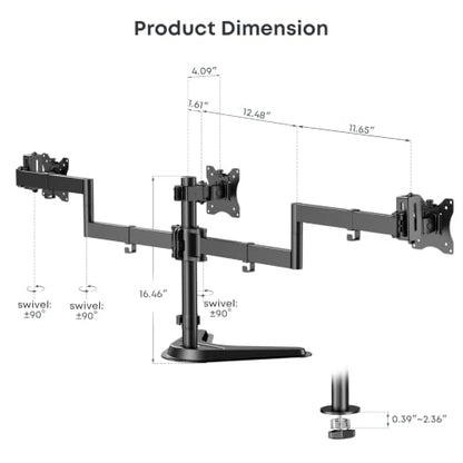 Triple Monitor Stand fits 3 Screens up to 27 Inches, Freestanding | Cable Management, Heavy Duty, Fully Adjustable, Weighted Base, 22 lbs Capacity per Arm, Black