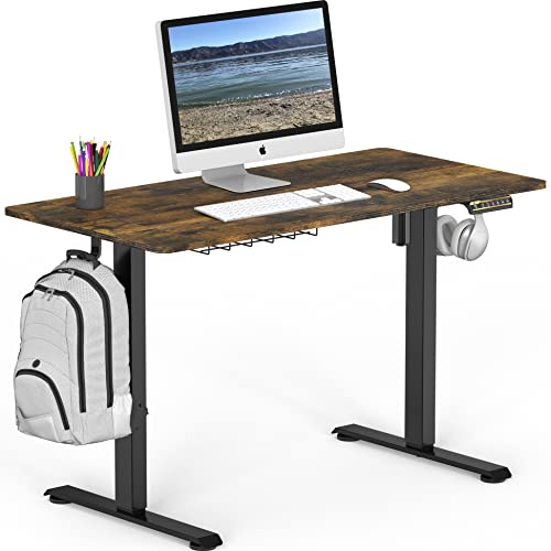 SHW 48-Inch Electric Height Adjustable Sit to Stand Desk, Rustic Brown | with Hanging Hooks and Cable Management, Black Frame and Rustic Brown Top - color: Rustic Brown, size: 48-Inch