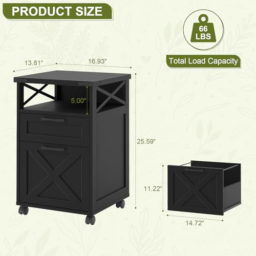 Halitaa Office Filing Vertical Cabinet with 2 Drawers, Black | Farmhouse Filing Cabinet with Open Storage Space, Wheels and Printer Stand for Hanging Files Letter/A4 for Home Office - color: Black, style: Vertical