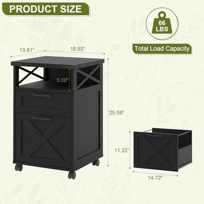 Halitaa Office Filing Vertical Cabinet with 2 Drawers, Black | Farmhouse Filing Cabinet with Open Storage Space, Wheels and Printer Stand for Hanging Files Letter/A4 for Home Office - color: Black, style: Vertical