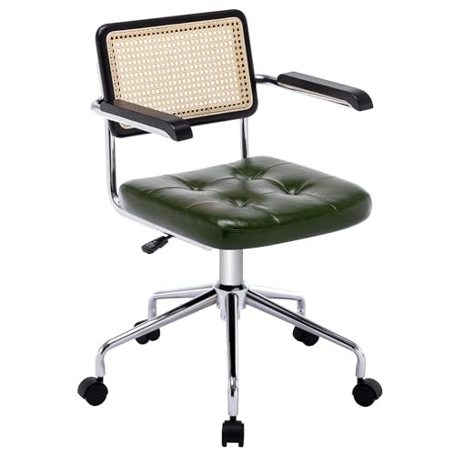 Zesthouse Leather Office Desk Chair with Wheels, Mid Century Rolling Desk Chair with Wood Arm & Natural Rattan Back, Modern Swivel Home Office Chair, Small Height Adjustable Computer Task Chair, Green - color: Green, size: Armrest