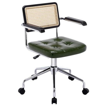 Zesthouse Leather Office Desk Chair with Wheels, Mid Century Rolling Desk Chair with Wood Arm & Natural Rattan Back, Modern Swivel Home Office Chair, Small Height Adjustable Computer Task Chair, Green - color: Green, size: Armrest