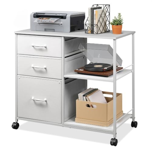 DEVAISE 3 Drawer Mobile File Cabinet with Open Storage Shelf | Rolling Printer Stand, Fabric Lateral Filing Cabinet fits A4 or Letter Size for Home Office, White - color: White