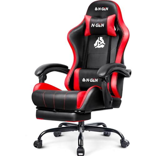 N-GEN GAMING Gaming Chair with Footrest, Lumbar, High-Back, Red Black | Reclining Backrest, Linkage Armrests, Durable PU Leather, Adjustable Comfort for Extended Computer, Desk, or Home Office Use - color: Red Black