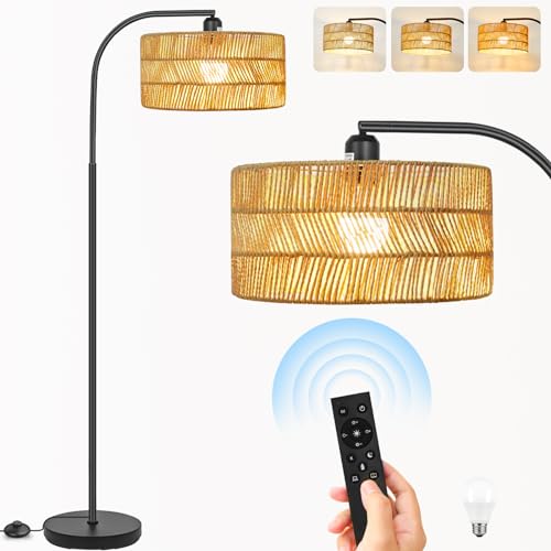 Brilvibera Boho Floor Lamp for Living Room with Remote Control | Rattan Standing Lamps with Dimmable Bulb, Adjustable Rattan Lamp Shades Bohemian Over Couch Lamps for Bedroom, Office - style: Modern-Black
