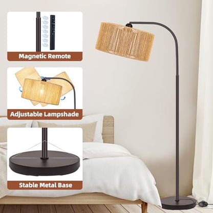 Brilvibera Boho Floor Lamp with Dimmable Bulb Rattan Double Shade Lamp | Stepless Dimmable Bulb and Remote Control, Bronze Rustic Farmhouse Floor Lamps for Living Room, Bedroom, Office, Classroom - style: Retro-Bronze