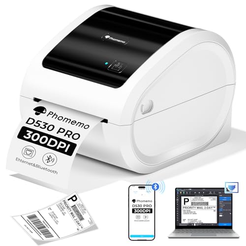 Phomemo Ethernet Thermal Label Printer, 300DPI with Built-in Paper Bin | D530Pro 4X6 Shipping Label Printer for Small Business, Home, Office, Compatible with Ethernet/Bluetooth/USB, Amazon, USPS - color: White