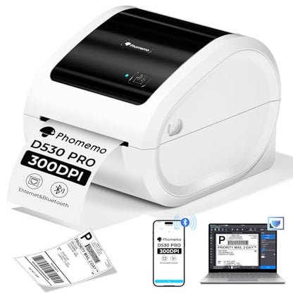 Phomemo Ethernet Thermal Label Printer, 300DPI with Built-in Paper Bin | D530Pro 4X6 Shipping Label Printer for Small Business, Home, Office, Compatible with Ethernet/Bluetooth/USB, Amazon, USPS - color: White