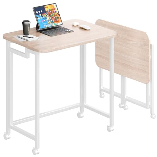JSB Folding Desk for Small Spaces,Mobile Portable Rolling Laptop PC Table on Wheels,Foldable Computer Desk for Home Office,Bedroom,Dorm,Space Saving (Natural & White, 23.6") - color: Natural & White, size: 23.6"