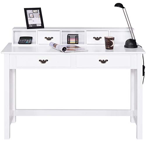 GIANTEX Writing Desk with 4 Drawer Computer Study Table Removable Floating Organizer 2-Tier Spacious Workstation, Home Office Desk Console Table White Vanity Desk
