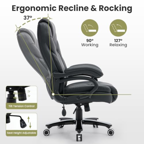 650lbs Big and Tall Office Chair for Heavy People,Ergonomic High Back PU Leather Computer Chair with Adjustable Lumbar Support,Comfy Executive Office Desk Chair with Wide Seat,Silent Wheels,Black