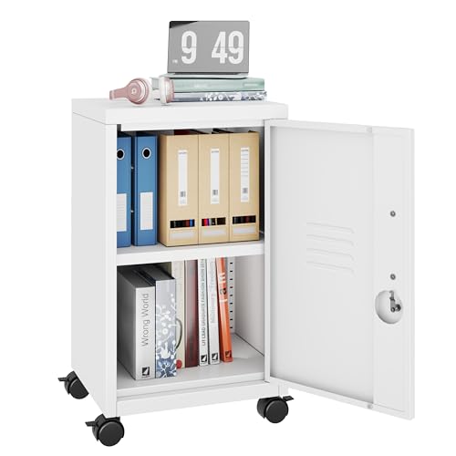 PAOFIN Metal Mobile File Cabinet with Lock,Under Desk Metal Vertical Filing Cabinets with Shelf and Wheels for Home Office Organizer Letters/Legal Size, White (Required Assembly) - color: White, size: 1 door with Wheels-24.4"