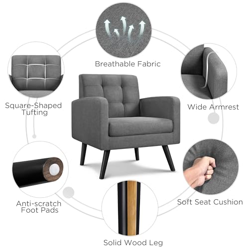Yaheetech Mid Century Accent Chairs Set of 2 Living Room Chairs Dark Gray | Linen-Like Upholstered Sillones Para Sala, Modern Reading Nook Chairs, Button Tufted Back, Rubberwood Legs, Bedroom Office - color: Dark Gray, size: set of 2