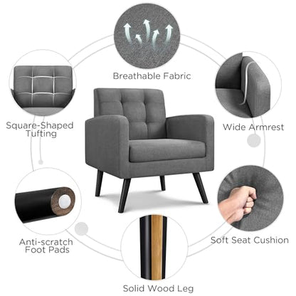 Yaheetech Mid Century Accent Chairs Set of 2 Living Room Chairs Dark Gray | Linen-Like Upholstered Sillones Para Sala, Modern Reading Nook Chairs, Button Tufted Back, Rubberwood Legs, Bedroom Office - color: Dark Gray, size: set of 2