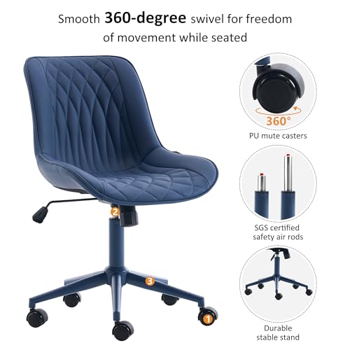 YOUNIKE Faux Leather Office Chair Ergonomic Desk Chair Armless Navy Blue | Ergonomic Upholstered Rocking Back, Swivel with Wheels, Height Adjustable, Modern Task Chair For Computer Sewing Drafting - color: Navy Blue