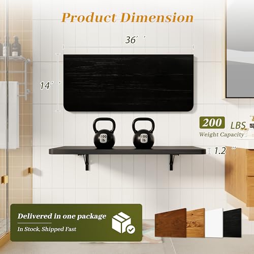 Dogsky Floating Wall Desk 36" x 14" - 200 lbs Heavy Duty Solid Pine - color: Black, size: 36" x 14"