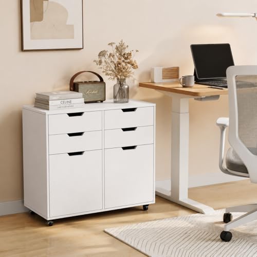 POWERSTONE Mobile File Cabinet with 4 Drawers & 2 Door, Rolling Under Desk Storage Chest with Lockable Wheels, Wood Printer Stand for Home Office Craft Room, White - color: White