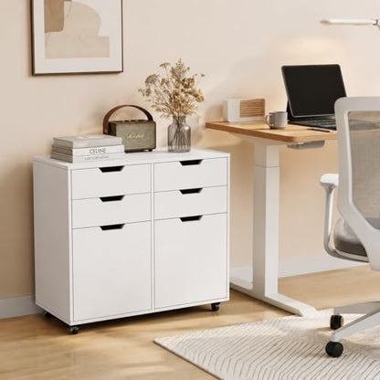 POWERSTONE Mobile File Cabinet with 4 Drawers & 2 Door, Rolling Under Desk Storage Chest with Lockable Wheels, Wood Printer Stand for Home Office Craft Room, White - color: White