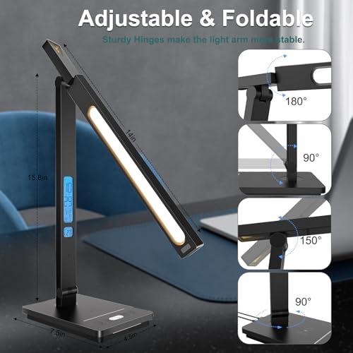 10 in 1 Smart Desk Lamp Led, Desk Light for Colleage Drom Room Office, Eye-Caring Table Lamp with Night Light, Lamp for Desk with 10W Wireless Charger, Dimmable Touch Lamp, Birthday Gifts for Women - color: Black-Pro