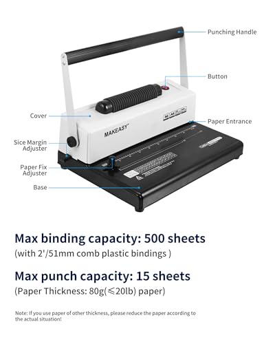MAKEASY Coil Spiral Binding Machine, Punch 15 Sheet - Manual Hole Punch - Electric Coil Inserter - Adjustable Side Margin - for Letter Size/A4/A5, Comes with 1 Box 5/16'' Binding Coils & Plier