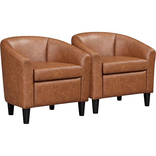 Topeakmart Faux Leather Accent Chair Set of 2, 300 lb Cap, Brown | Set of 2 PU Leather Barrel Chairs, U-shaped Backrest, Foam Seat, 18" Seat Height, Solid Wood Legs - color: Brown, size: Set of 2