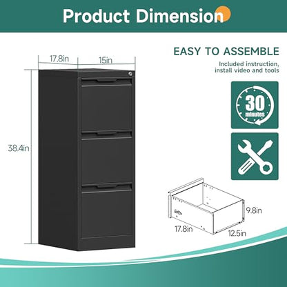 3 Drawer Metal Vertical File Cabinet with Lock for Home Office | 17.8"D x 15"W x 38.4"H,Small Under Desk Cabinet,Adjustable Hanging Bar,Fits 4A/Legal/Letter Size File,Easy Assembly,Black - color: Black, size: 17.8"D x 15"W x 38.4"H（3 Drawers）