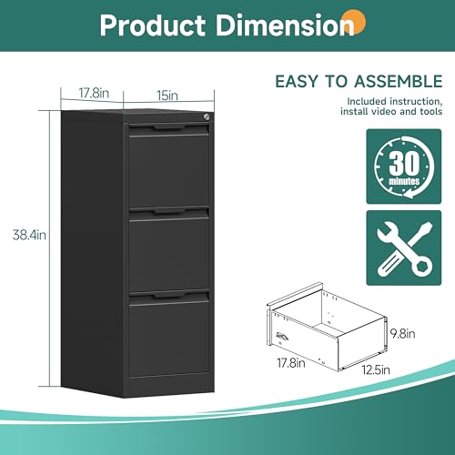3 Drawer Metal Vertical File Cabinet with Lock for Home Office | 17.8"D x 15"W x 38.4"H,Small Under Desk Cabinet,Adjustable Hanging Bar,Fits 4A/Legal/Letter Size File,Easy Assembly,Black - color: Black, size: 17.8"D x 15"W x 38.4"H（3 Drawers）