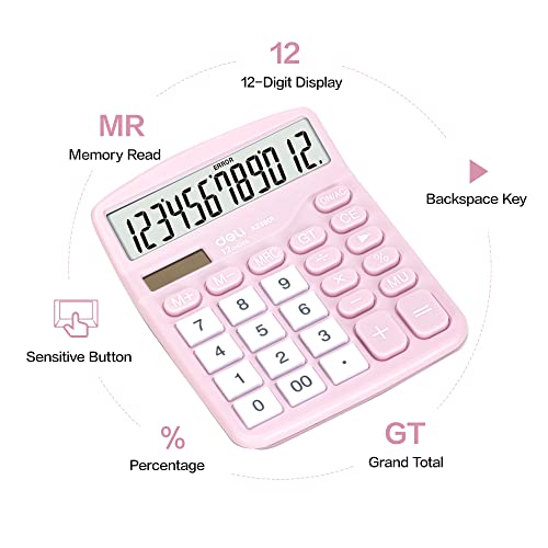 Calculator, Deli Standard Function Desktop Calculators with 12 Digit Large LCD Display and Sensitive Button, Solar Battery Dual Power Office Calculator, Pink - color: Pink