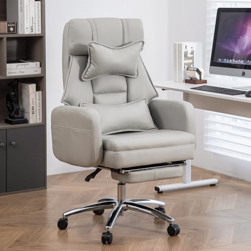 Executive Office Chair, Big and Tall Ergonomic Desk Chairs with Headrest & Footrest, Adjustable High-Back Recliner, Swivel Computer Chair w/Side Pockets, Lumbar Support for Home Office (Light Grey) - color: Light Grey
