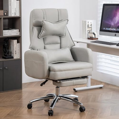 Executive Office Chair, Big and Tall Ergonomic Desk Chairs with Headrest & Footrest, Adjustable High-Back Recliner, Swivel Computer Chair w/Side Pockets, Lumbar Support for Home Office (Light Grey) - color: Light Grey