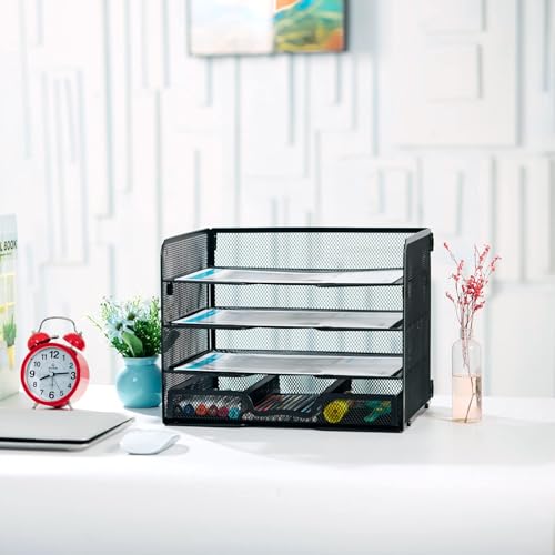 SETTFRFE 4-Tier Metal Desk Organizer-Paper Letter Tray with Drawer,Black - size: 12.8" x 10" x 9.9"