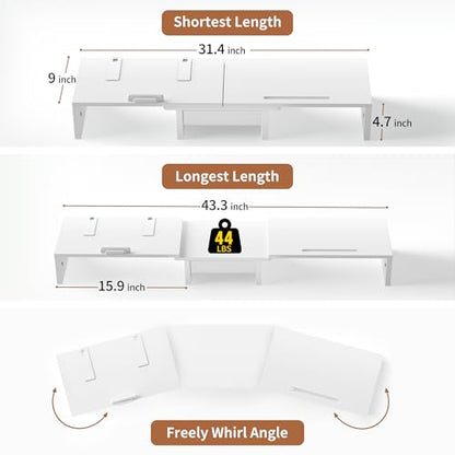 AFOOYO 43.3 Inch Dual Monitor Stand with Laptop Tray & Drawer, 5 Height & 4 Angle Adjustable Ergonomic Computer Riser, MDF Desk Shelf for MacBook Dell HP Lenovo 10-17.3" Laptops-White